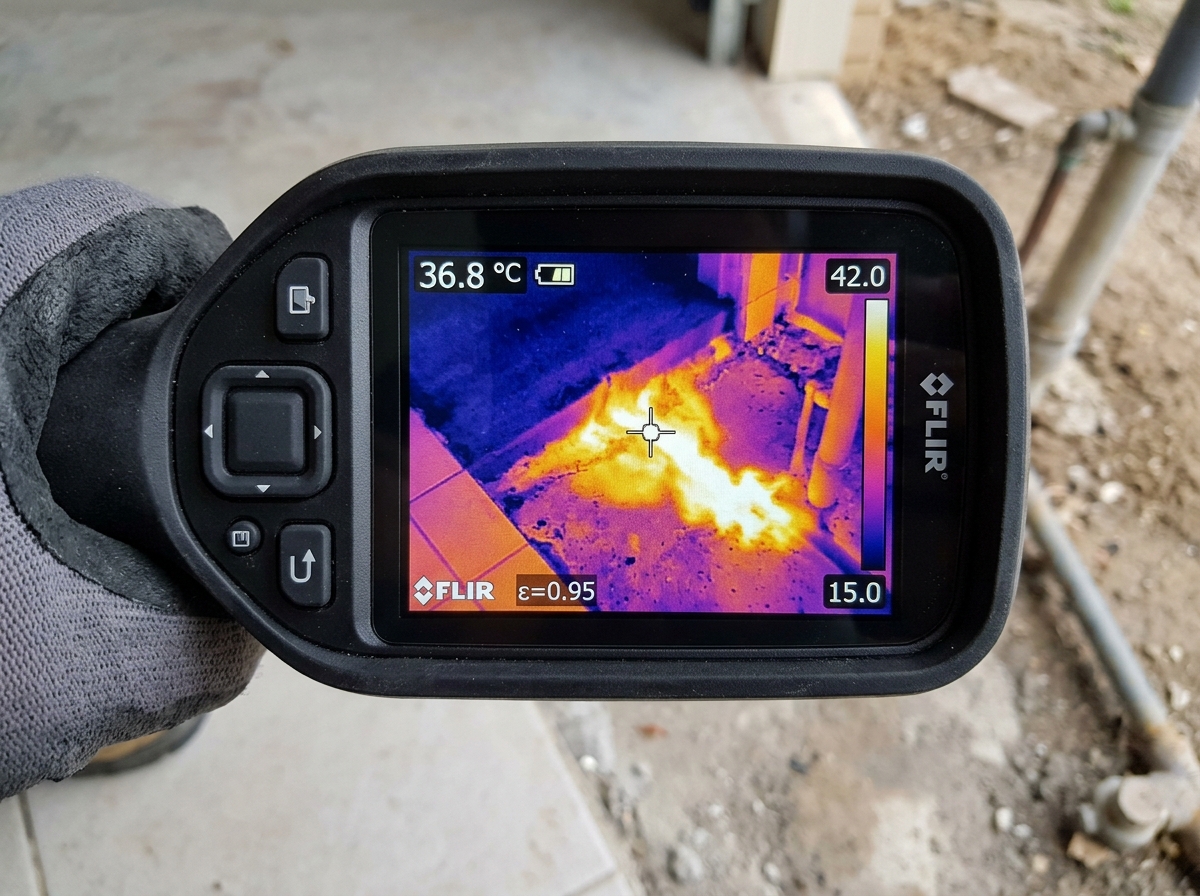 Thermal imaging infrared scan detecting hot water slab leak beneath tiled floor in Enid Oklahoma