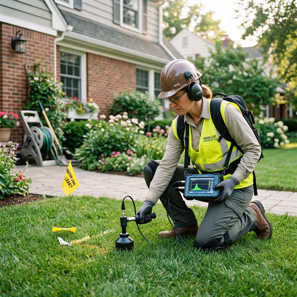 Technician performing acoustic and thermal hidden water leak detection in Enid home